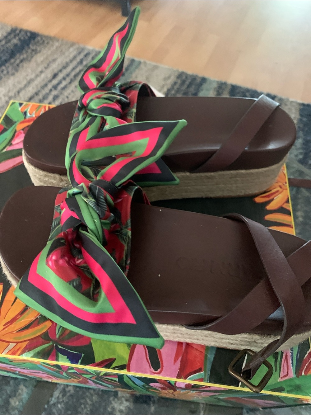 FARM Rio Brown Espadrille Platform Sandals with Green & Pink Scarf Tie